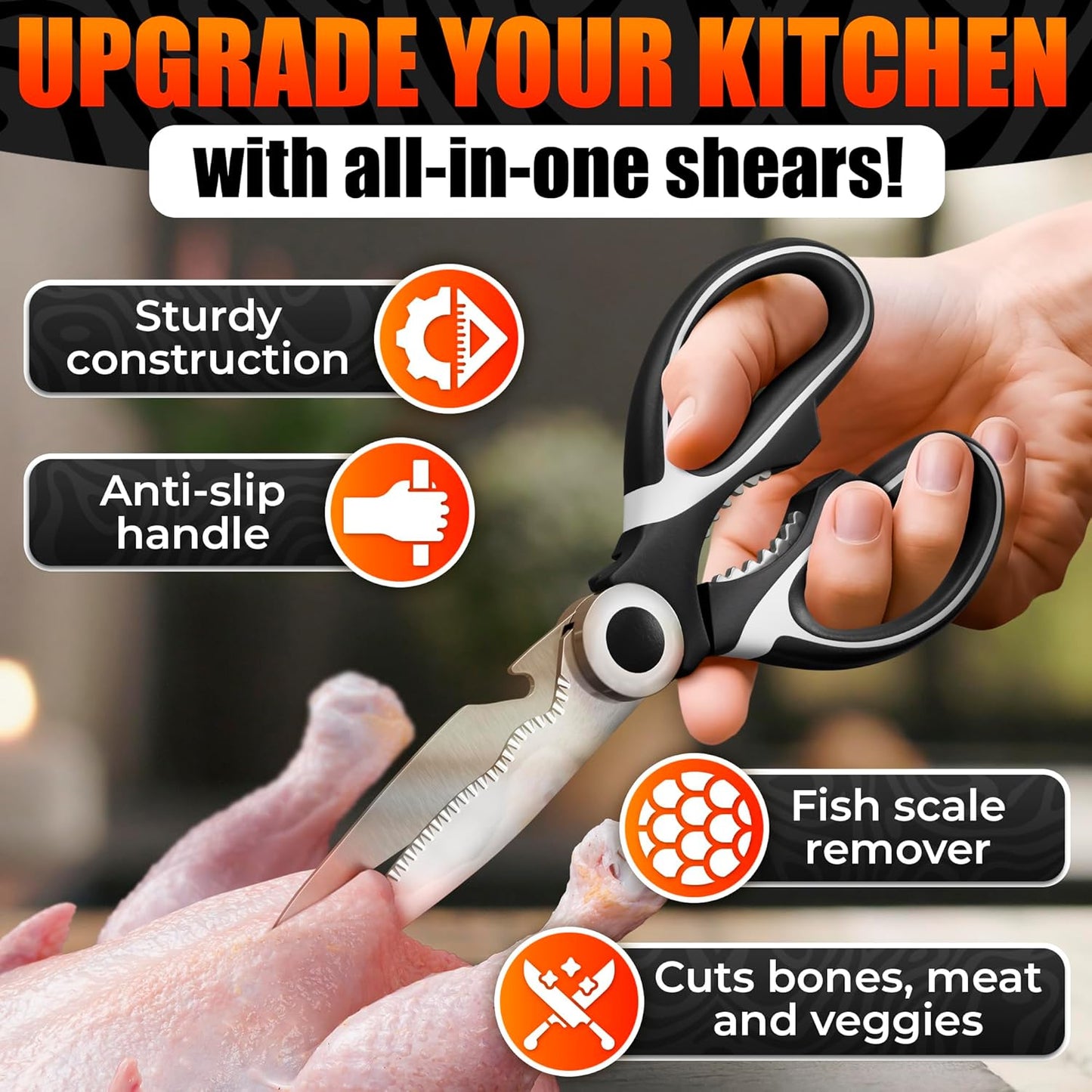 2 in 1 Kitchen Scissors for Food – Stainless Steel Blade & Plastic Cutting Board Scissors with Safety Lock | 9.5" Tomato Knife, Fruit & Vegetable Cutter – Easy-to-Use Kitchen Shears for Meat, Cheese