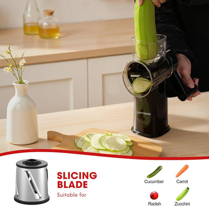 Rotary Cheese Grater Hand Crank with Foldable Handle, 3 Stainless Steel Blades, Perfect Graters for Kitchen, Manual Cheese Shredder Hand Crank with Suction Base, Rotary Grader, (Black)