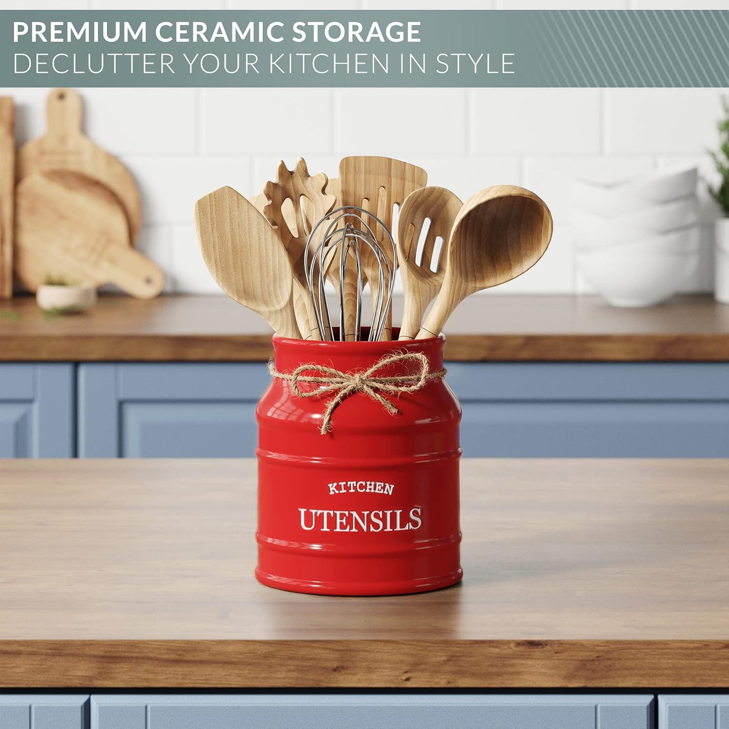 Barnyard Designs Ceramic Farmhouse Utensil Holder for Kitchen Counter, Large Rustic Utensil Crock, Countertop Cooking Tool Spatula Organizer, 6.75” (Taupe)