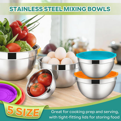 E-far Mixing Bowls with Lids, 6-Piece Stainless Steel Salad Bowls Metal Nesting Bowls for Baking Cooking and Prepping, Airtight Lids & Stackable Design, Size 4.5, 3, 1.5 QT (Black)