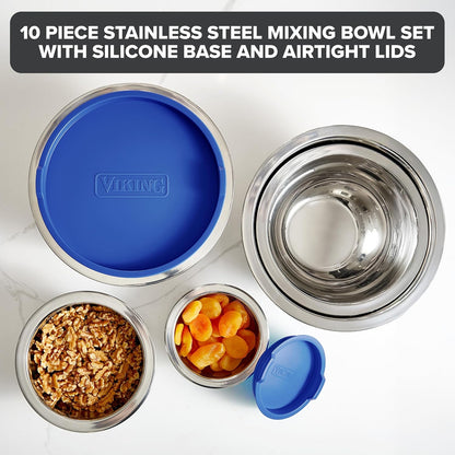 Viking Mixing Bowls Set, 10 Piece Stainless Steel Kitchen Cookware, Non-Slip Silicone Base, Includes Tight Fit Lids, Dishwasher Safe, Black