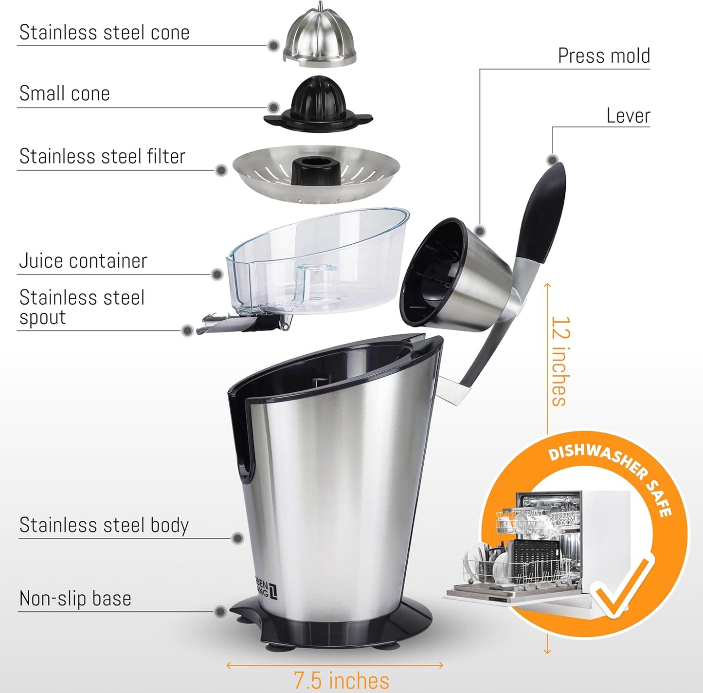 LEBENLANG Orange Juicer Electric - 2 cones & BPA-free I High juice yield & Large Volume I 24oz Lemon Juicer Squeezer I Electric Citrus Juicer Orange Juice Press Juicers Exprimidor De Naranjas Limones
