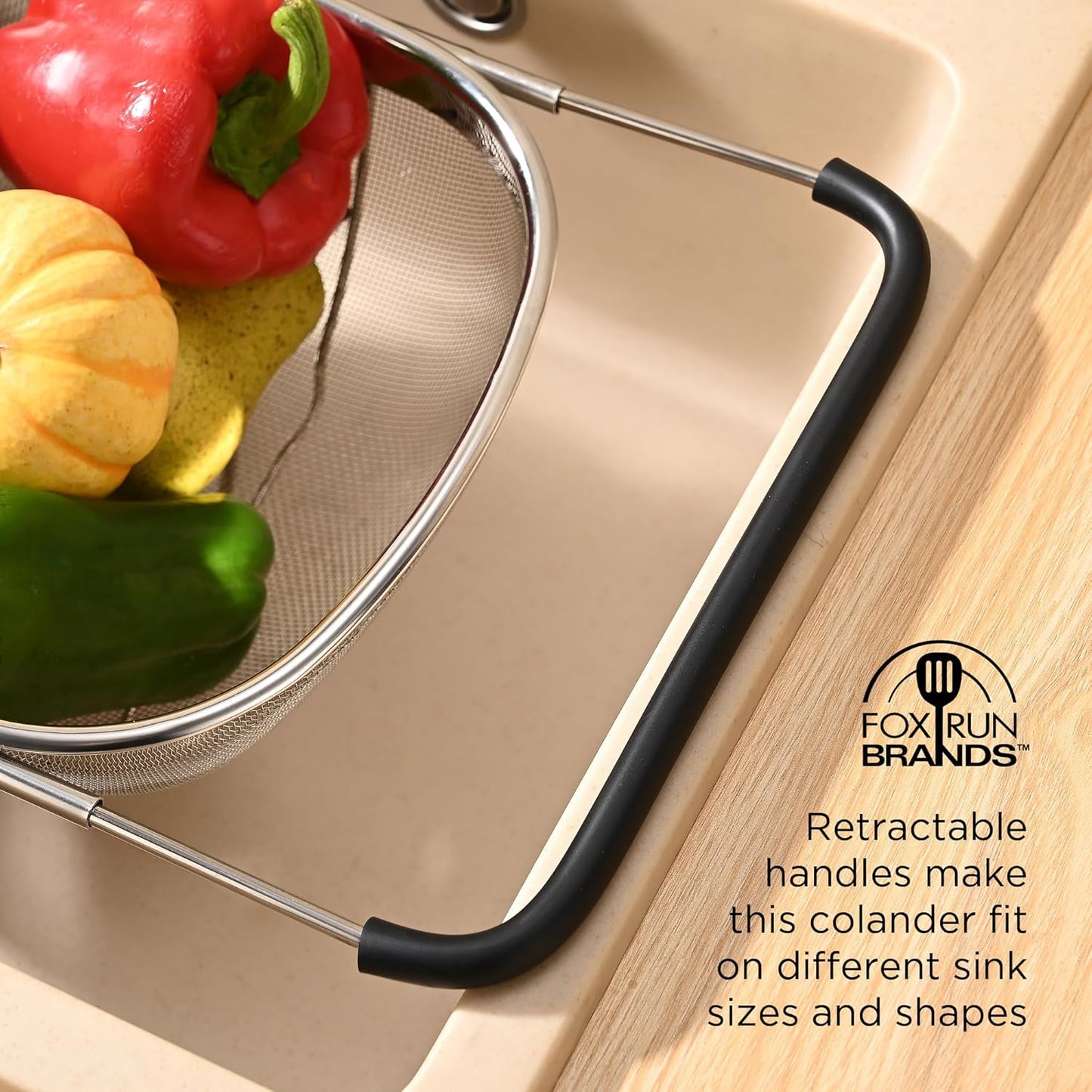 Fox Run Large Stainless Steel Colander With Extendable Handles, 4.76 Quart/4500 ml Over Sink Strainer With Support Feet, 9.75” x 14” x 4.5”