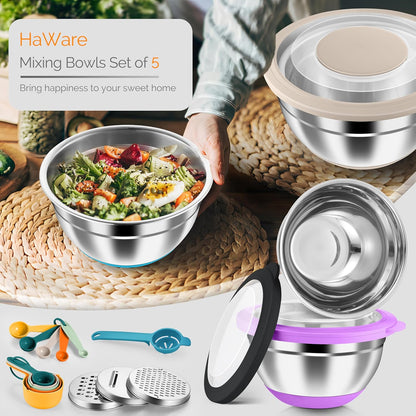 HaWare Mixing Bowls, 24-Piece Stainless Steel Salad Serving Bowl with Airtight Clear Lids, Metal Nesting Bowl For Kitchen Cooking Prepping Storing with 3 Graters, 4.6/2.6/1.5/1/0.7 QT, Khaki