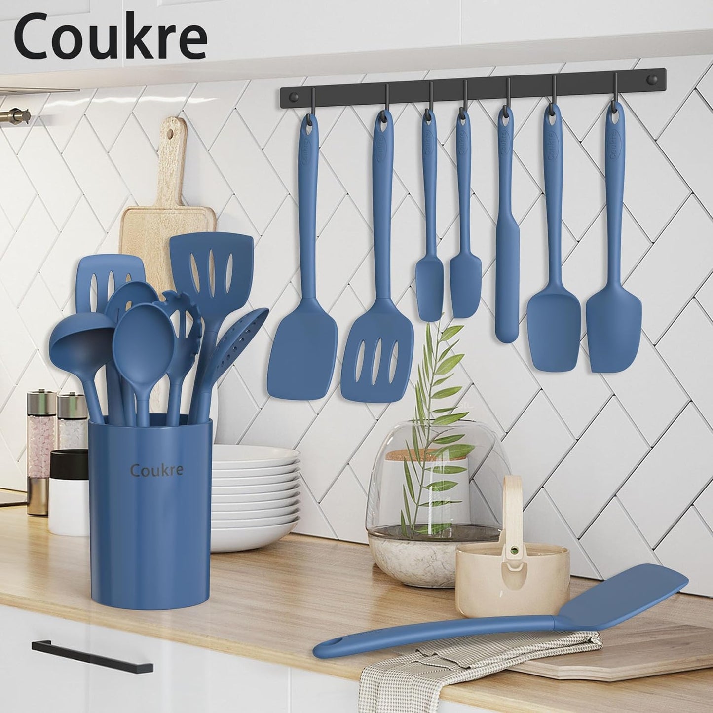 Coukre Silicone Kitchen Cooking Utensils Set with Holder – Heat-Resistant, Food-Grade Kitchen Tools, Spatula, Spoon & Gadgets for Non-Stick Pans, Dishwasher Safe (14, PureBlack)