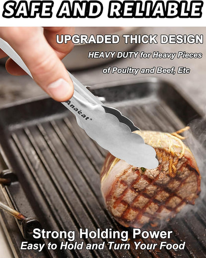 Anaeat Non-Stick Silicone Locking Tong Set of 3 - Stainless Steel 7", 9", 12" Kitchen Food Tongs with Non-Slip Silicone Tips and Grip for Cooking, Baking and BBQ - Heat Resistant up to 480°F (Black)