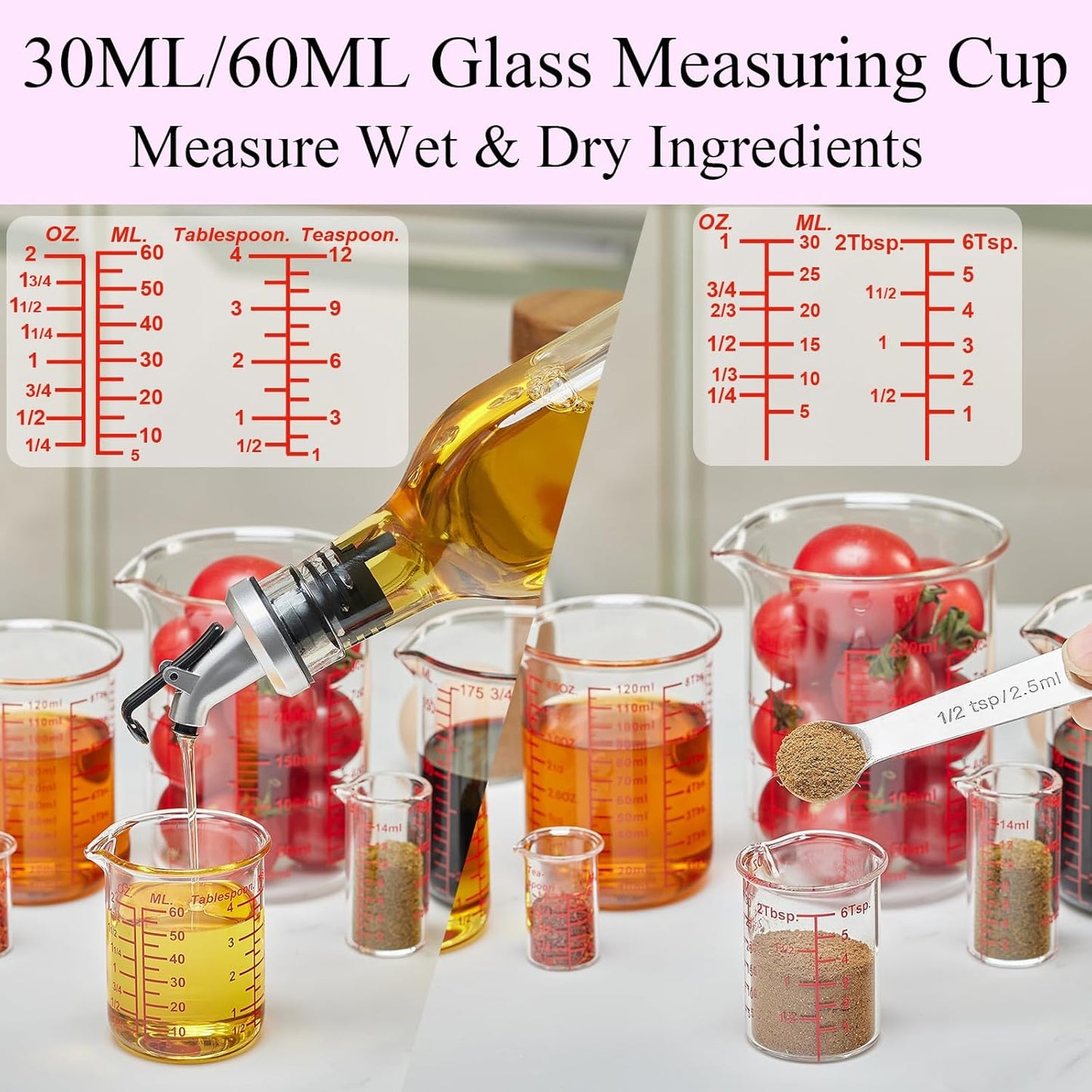 High Borosilicate Glass Measuring Cup-V-Shaped Spout，Glass Measuring Beaker for Kitchen or Restaurant, Easy to Read, 60 ML (2 Oz)-Pack of 2