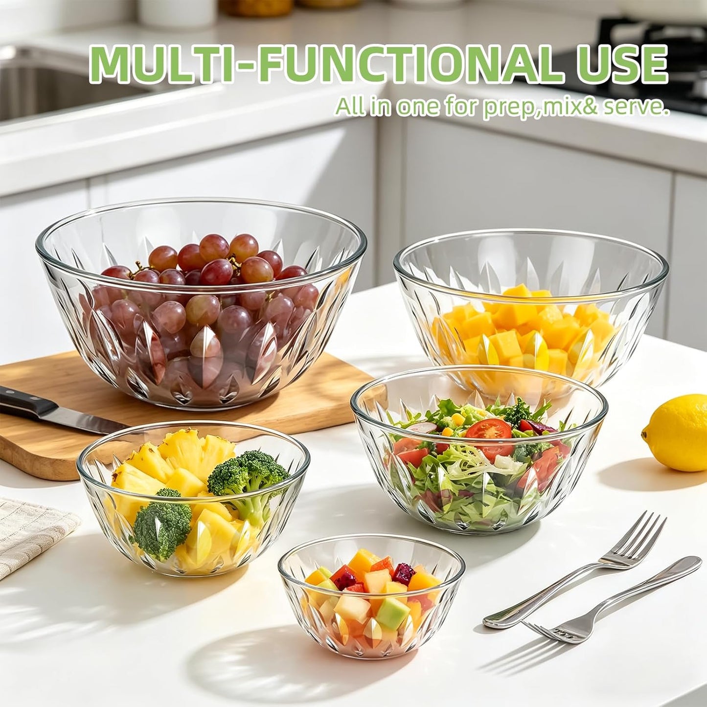 Luvan Glass Mixing Bowls with Lids Set(4.5QT, 2.7QT, 1.1QT)-Large Glass Mixing Bowls, Clear Salad Bowl for Baking, Cooking, Serving, Food Prep, 3PC Nesting Bowls for Kitchen Storage & Dishwasher Safe