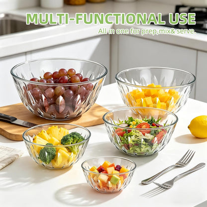 Luvan Glass Mixing Bowls with Lids Set(4.5QT, 2.7QT, 1.1QT)-Large Glass Mixing Bowls, Clear Salad Bowl for Baking, Cooking, Serving, Food Prep, 3PC Nesting Bowls for Kitchen Storage & Dishwasher Safe
