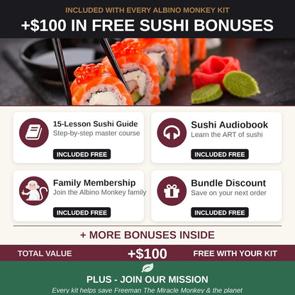 Albino monkey Sushi Making Kit with Pro Sashimi Knife – Roll 10+ Sushi Types – Sushi Bazooka, Bamboo + Dishwasher-Safe Mats, Nigiri Mold & Avocado Slicer Gift Box + Step-by-Step Video Guide