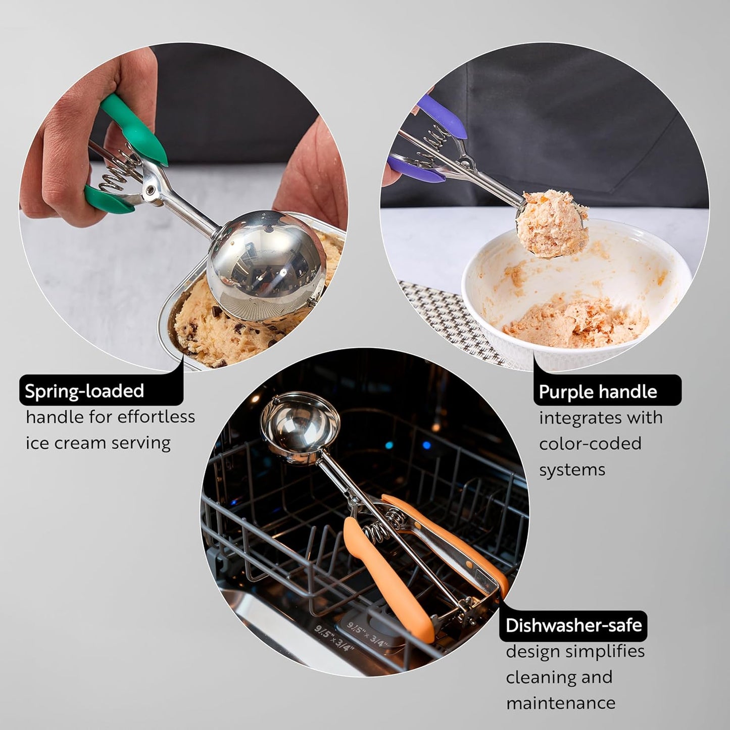 Restaurantware Comfy Grip 4 Ounce Ice Cream Scooper 1 Spring-Loaded Melon Ball Scoop - #8 Built-In Blade Gray Stainless Steel Cookie Baller Dishwasher-Safe Heavy-Duty