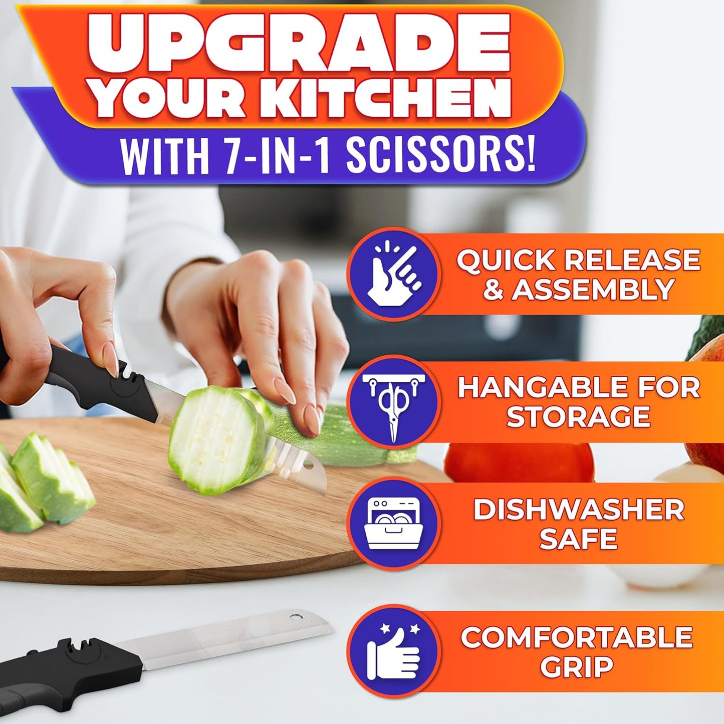 2 in 1 Kitchen Scissors for Food – Stainless Steel Blade & Plastic Cutting Board Scissors with Safety Lock | 9.5" Tomato Knife, Fruit & Vegetable Cutter – Easy-to-Use Kitchen Shears for Meat, Cheese