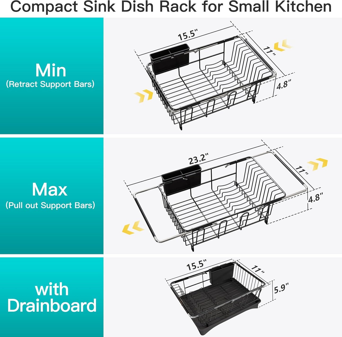 JASIWAY Roll Up Dish Drying Rack, Expandable (12.8"-23.8" D x 12.8" W) Stainless Steel Portable Drainer for Kitchen Sink Counter, Foldable Over The Sink Cover with Removable Utensil Holder