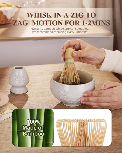 ZENS Matcha Whisk Set, Ceramic Matcha Kit Set Includes Matcha Bowl, Bamboo Whisk and Scoop, Chasen Holder, 304 Sifter and Tea Mat - 6Pcs Matcha Kit for Matcha Lovers (White)