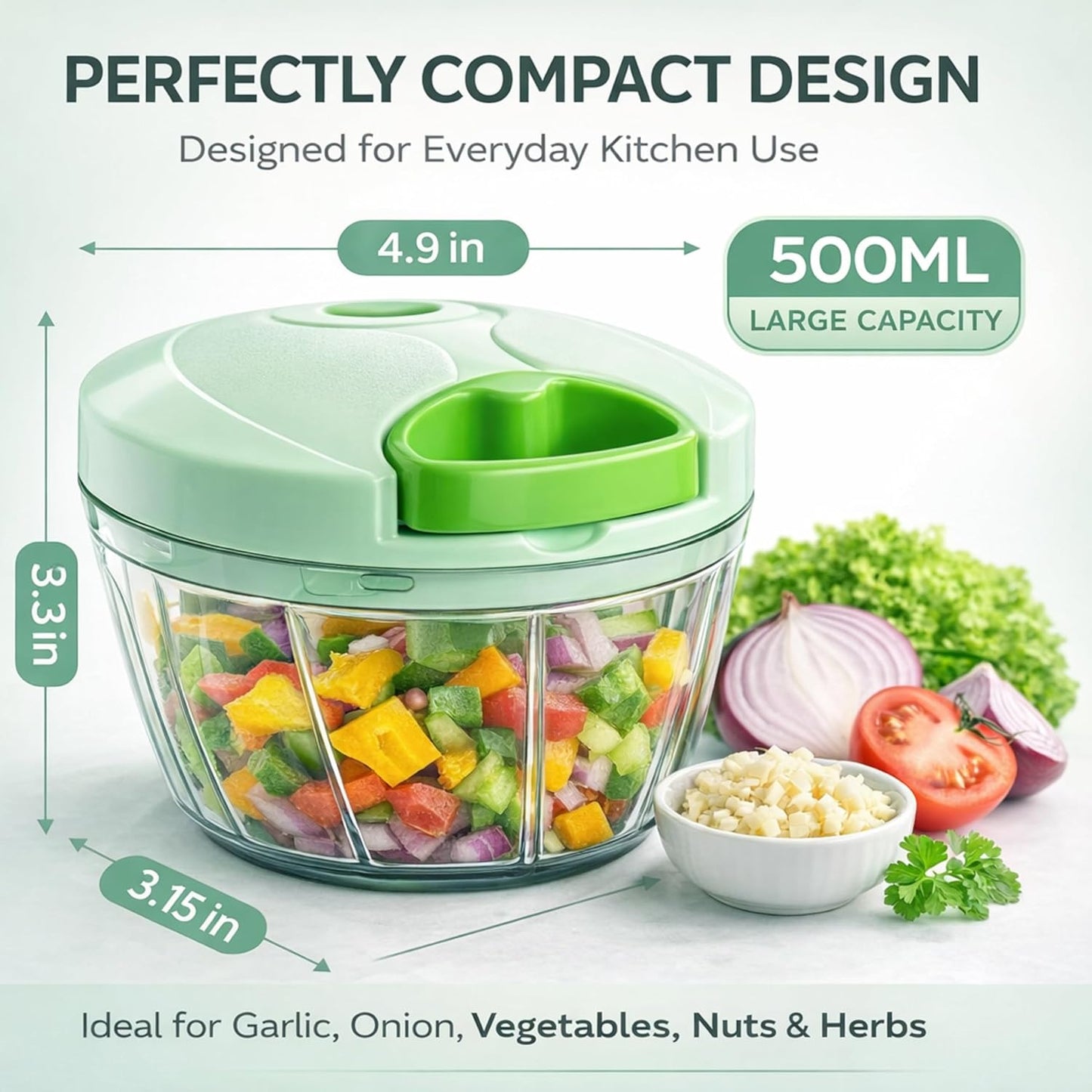Manual Food Chopper with Pull Cord – Hand Pull Onion Chopper & Vegetable Cutter – 3 Stainless Steel Blades, BPA-Free Bowl, Mini Kitchen Chopper