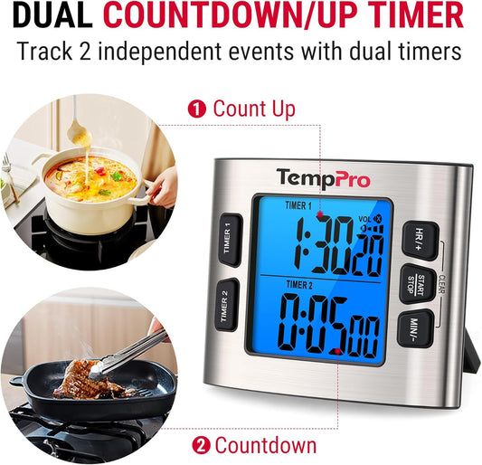 TempPro TM02 24H Digital Timer with Dual Kitchen Timers for Cooking, Magnetic Timer Clock with Adjustable Alarm Volume & LCD Backlit Display, Classroom Timer for Kids & Teachers(Previously ThermoPro)