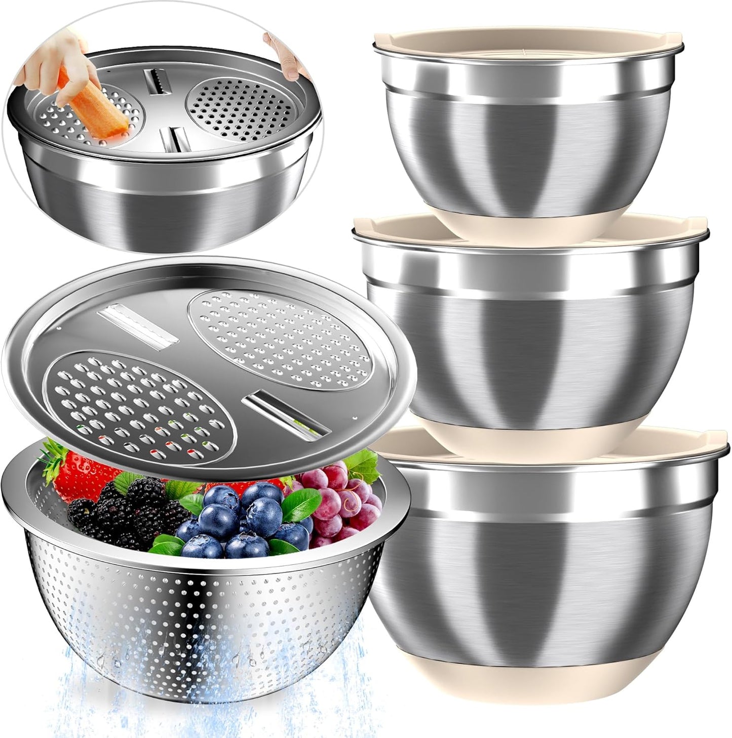 Nicdiet Mixing Bowls with Airtight Lids, Stainless Steel Mixing Bowl Set with 3 Metal Nesting Bowls, Colander & Grater, Non-Slip Bottoms, Size 1.5, 2.5, 5 QT, Great for Mixing & Serving, Khaki