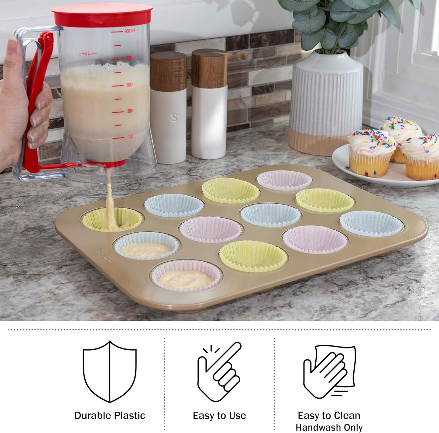 Pancake Batter Dispenser - 4-Cup Batter Dispenser with Squeeze Handle for Pancakes, Waffles, Muffins, and Crepes - Baking Tools (Purple)