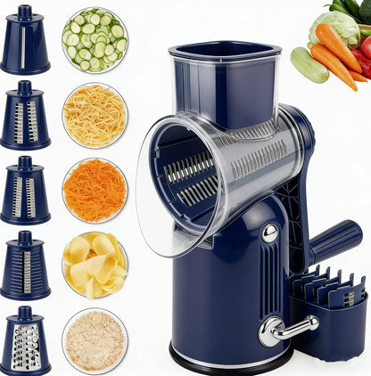 Rotary Cheese Grater with Handle: 5-in-1 Cheese Grater Hand Crank, Strong Suction Base for Fruit Vegetables Nuts with Blade Storage Box(Purple)