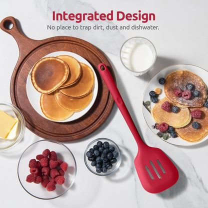 600ºF Heat Resistant Slotted Turner: U-Taste 13.6in Silicone Kitchen Spatula Flipper, 3.74in Wide Food Grade Flexible Thin Rubber Cooking Utensil for Egg, Pancake, Cookie in Nonstick Cookware (Red)