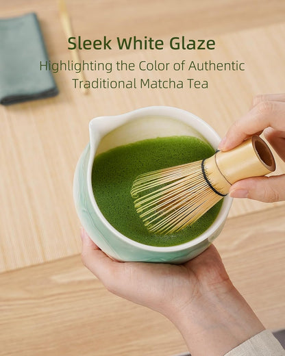 ZENS Pink Matcha Set, Matcha Whisk Set Includes 15oz Ceramic Bowl & (Chasen Holder), Bamboo Whisk & Scoop, Sifter and Pink Tea Towel, 6pcs Matcha Kit for Matcha Lovers