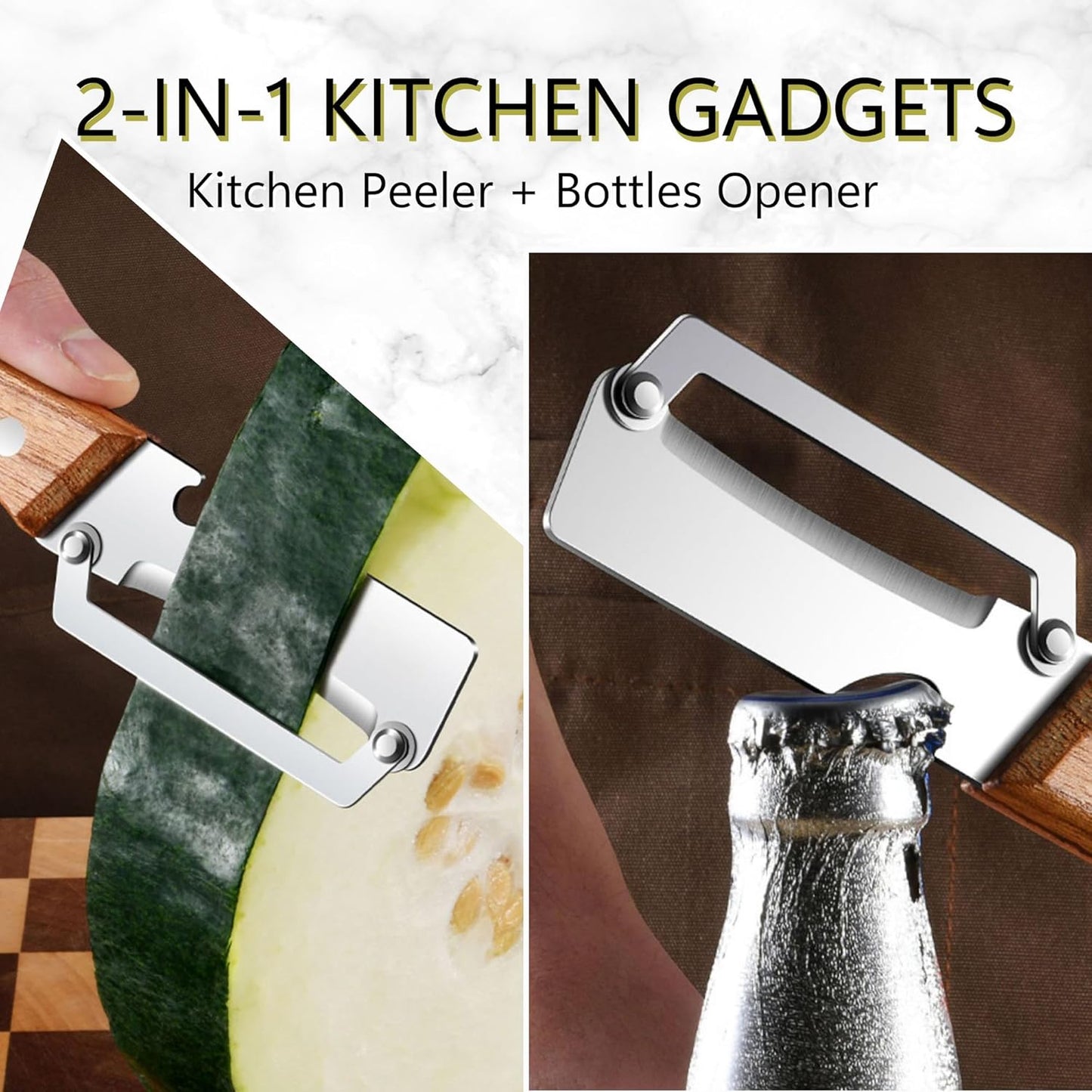 Upgrade Pro Multifunctional Vegetable Peeler - Premium Kitchen Peeler with Wooden Handle and Bottle Opener - Heavy Duty Stainless Steel Peeler Knife for Fruit Apple Potato Pumpkin Papaya Zucchini