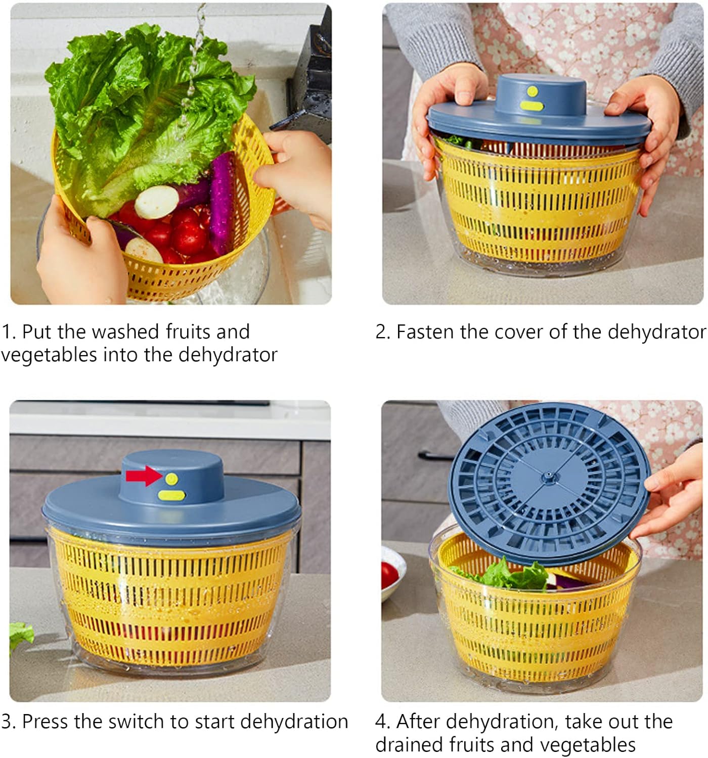 Electric Salad Spinner, 4L Lettuce Spinner Large Capacity USB Chargeble Fruit Vegetable Washer Dryer for Home Kitchen (Gray)