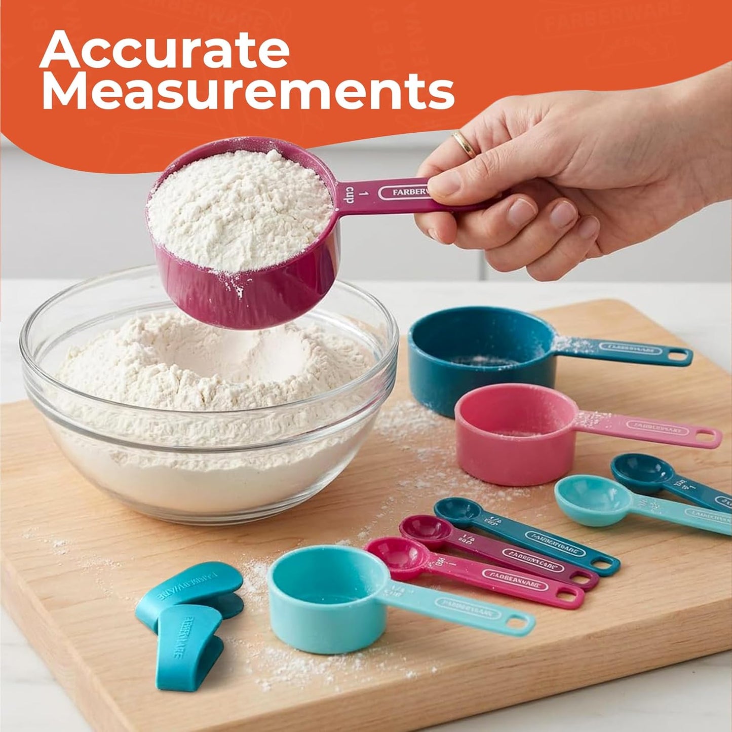 FARBERWARE 5-Piece Measuring Cup Set with Coffee Scoop, Durable Plastic Nesting Measuring Cups with Easy-Read Markings, BPA-Free, Dishwasher Safe