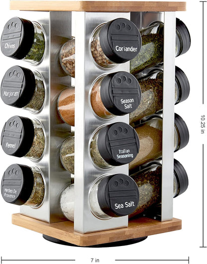 Kamenstein 16 Jar Heritage Revolving Countertop Spice Rack Organizer with Spices Included, FREE Spice Refills for 5 years, Brushed Stainless Steel with Black Caps | Revolving