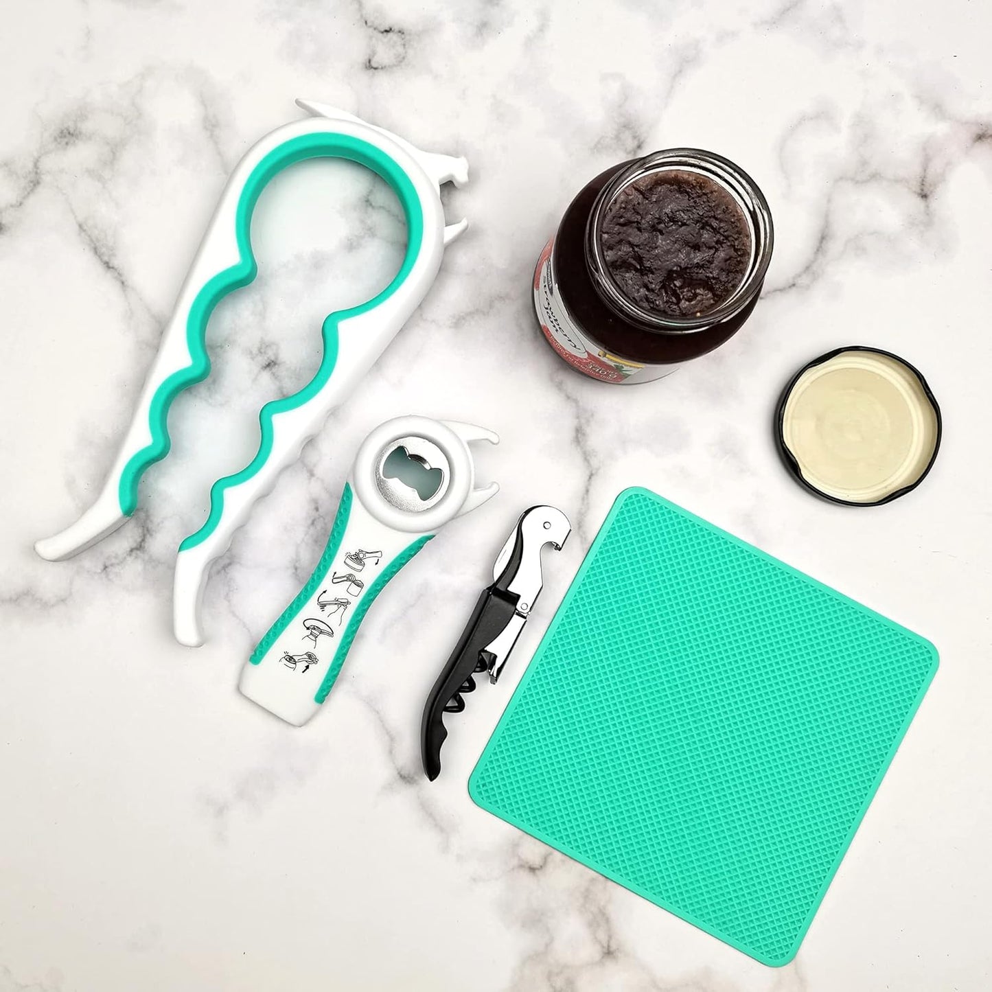 Otstar Jar Opener & Bottle Opener Set for Weak Hands - Multi-Function Kitchen Opener Tool for Seniors with Arthritis, Elderly - Includes Jar Lid Gripper Pad, Corkscrew Opener