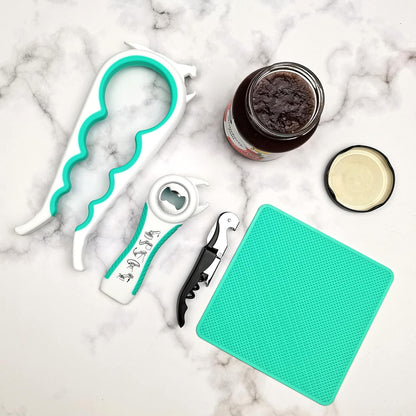Otstar Jar Opener & Bottle Opener Set for Weak Hands - Multi-Function Kitchen Opener Tool for Seniors with Arthritis, Elderly - Includes Jar Lid Gripper Pad, Corkscrew Opener