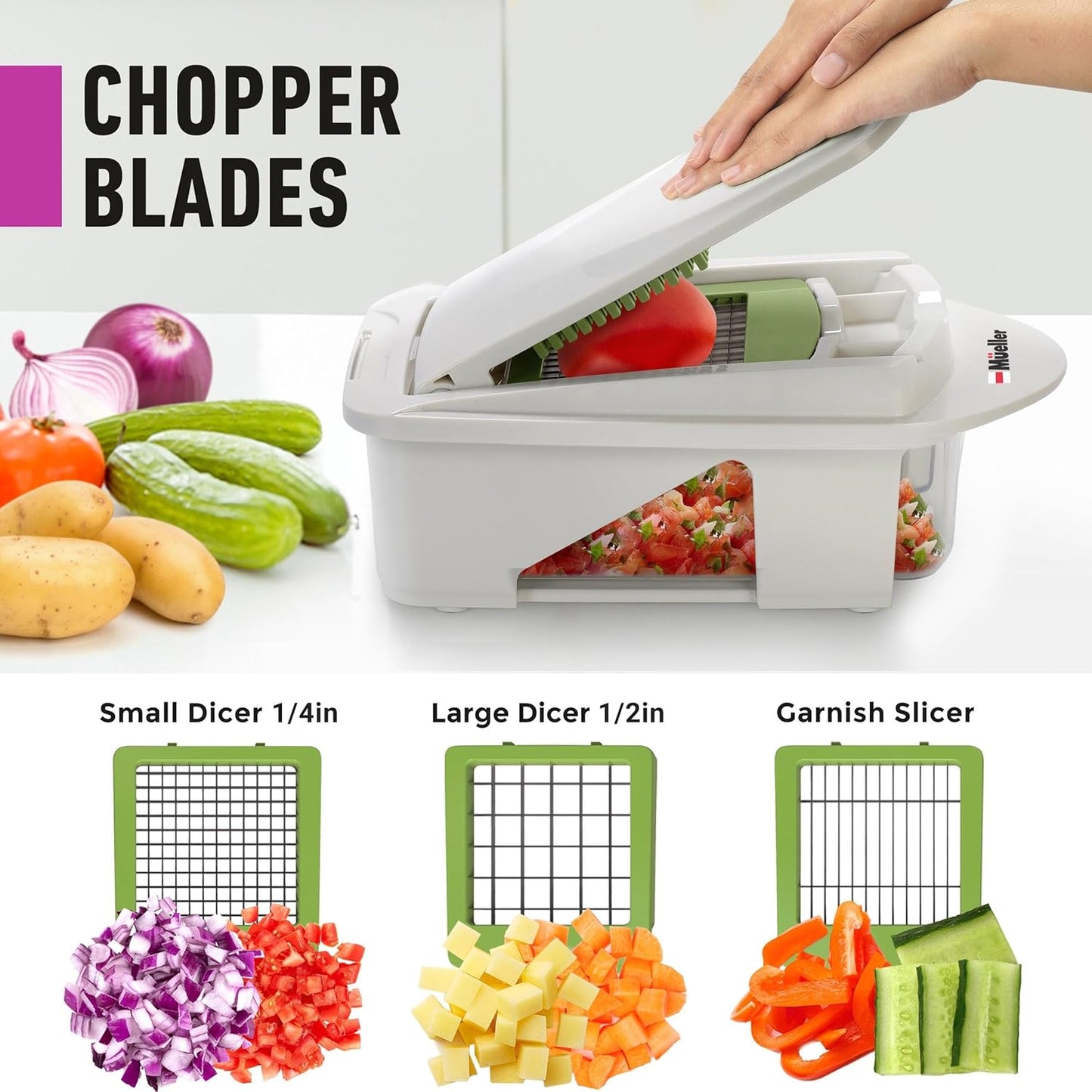Mueller Pro-Series 10-in-1, 8 Blade Vegetable Chopper, Onion Mincer, Cutter, Dicer, Egg Slicer with Container, French Fry Cutter Potato Slicer, Home Essentials, Salad Chopper White Sand/Green