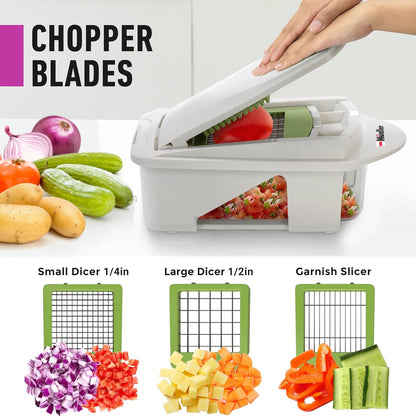Mueller Pro-Series 10-in-1, 8 Blade Vegetable Chopper, Onion Mincer, Cutter, Dicer, Egg Slicer with Container, French Fry Cutter Potato Slicer, Home Essentials, Salad Chopper White Sand/Green