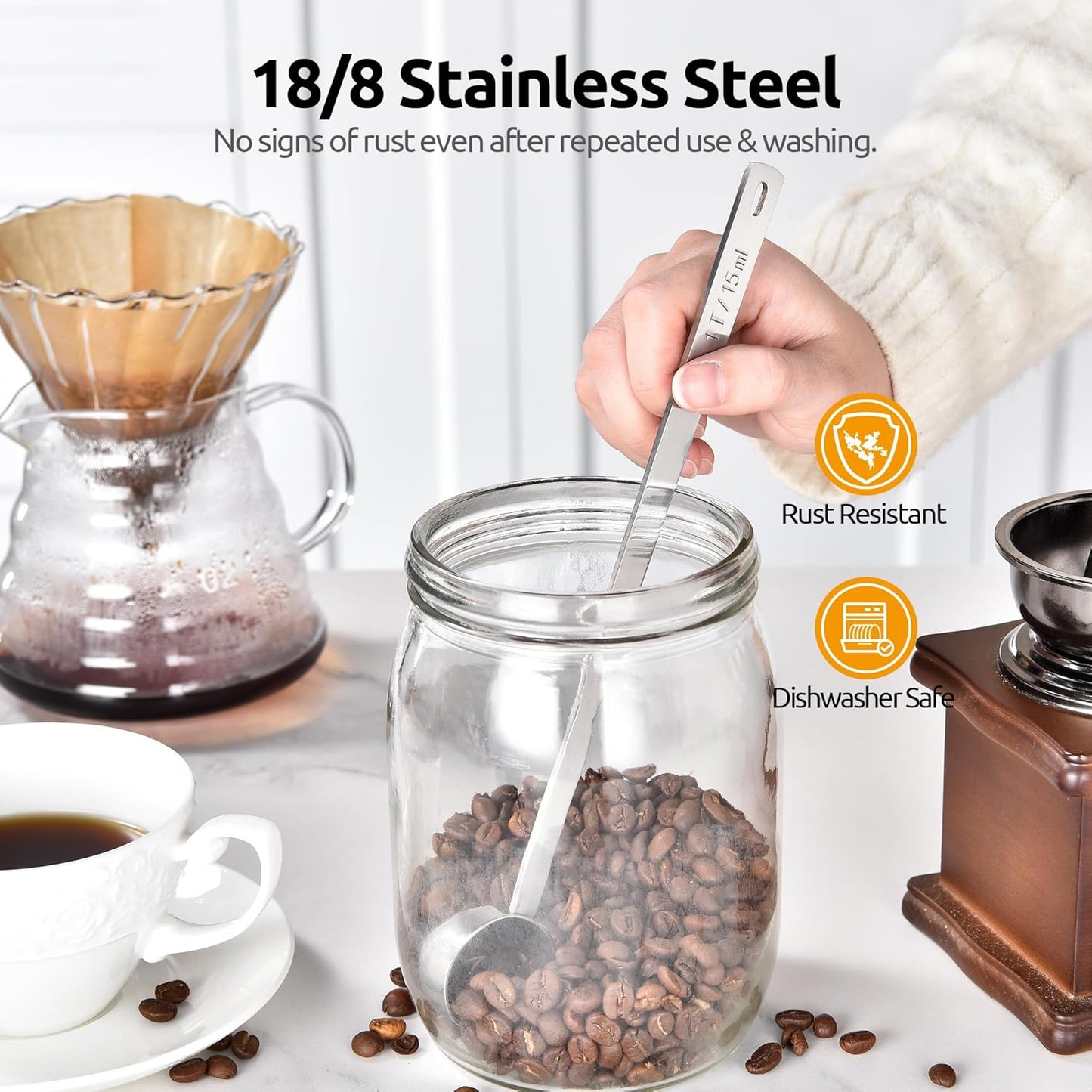 U-Taste Coffee Scoop 1 Tablespoon: 18/8 Stainless Steel Measuring Scooper for Ground Coffee, Bean, Powder, Espresso, 4.3in Long Handle Metal Measure Spoon for Canister, Jar (1Tbsp/15ml)