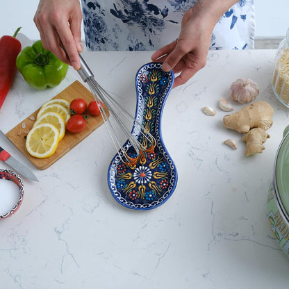 Handmade Spoon Rest, Ceramic Spoon Rest for Stove Top, 10" Spoon Rest for Kitchen Counter, Dishwasher Safe Spoon Holder for Stove, Housewarming Gifts Utensil Rest, Colorful Spoon Rests (Black)
