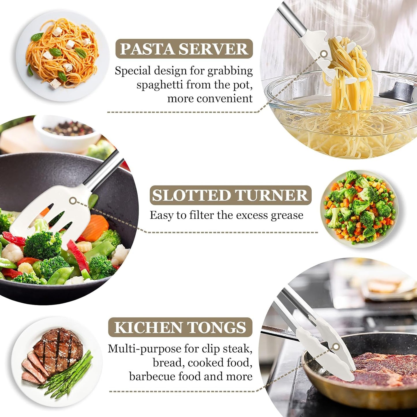 TeamFar Kitchen Utensils Set of 8, Silicone Utensils Kitchen Tools Set with Stainless Steel Handle, for Frying Serving Flipping Draining, Non-toxic & Heatproof, Nonstick & Dishwasher Safe - Black