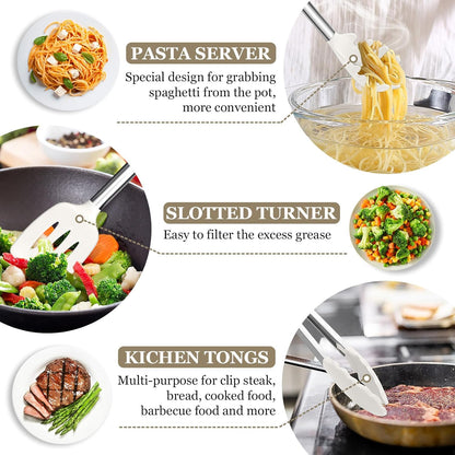 TeamFar Kitchen Utensils Set of 8, Silicone Utensils Kitchen Tools Set with Stainless Steel Handle, for Frying Serving Flipping Draining, Non-toxic & Heatproof, Nonstick & Dishwasher Safe - Black