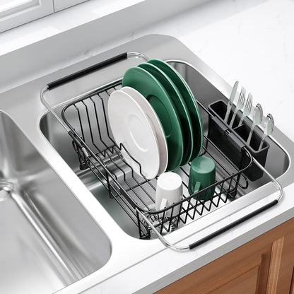 JASIWAY Roll Up Dish Drying Rack, Expandable (12.8"-23.8" D x 12.8" W) Stainless Steel Portable Drainer for Kitchen Sink Counter, Foldable Over The Sink Cover with Removable Utensil Holder