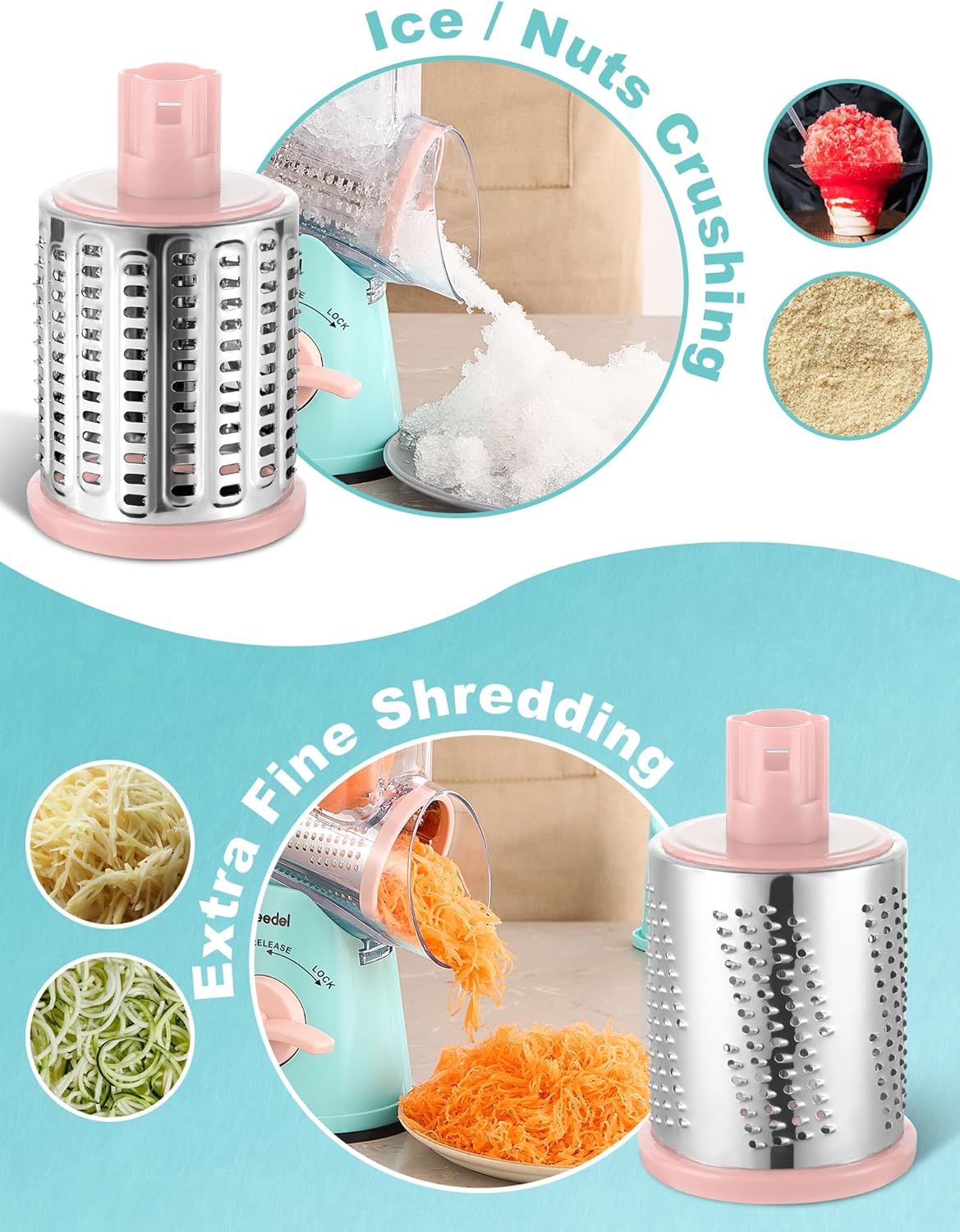 Geedel Rotary Cheese Grater, Kitchen Mandoline Vegetable Slicer with 3 Interchangeable Blades, Easy to Clean Grater for Fruit, Vegetables, Nuts