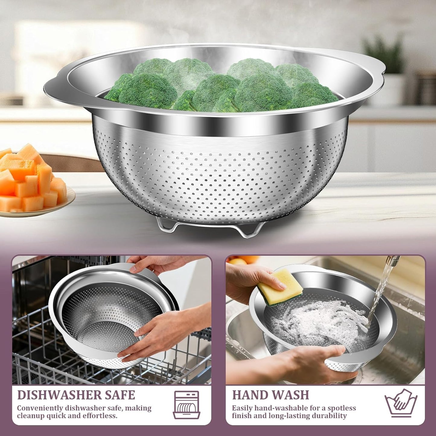 4-1 Colander with Bowl Set - Pasta Strainer - Colander for Kitchen - Strainers and Colanders Rice Strainer Fruit Cleaner Veggie Wash Sink Strainer Kitchen Essentials - Black