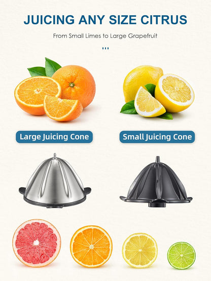 Electric Citrus Juicer Squeezer, Orange Juicer with Two Interchangeable Cones, Suitable for orange, lemon and Grapefruit, Brushed Stainless Steel, Easy to Clean and Use (Black+Silver)
