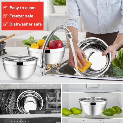 E-far Mixing Bowls with Lids, 6-Piece Stainless Steel Salad Bowls Metal Nesting Bowls for Baking Cooking and Prepping, Airtight Lids & Stackable Design, Size 4.5, 3, 1.5 QT (Black)