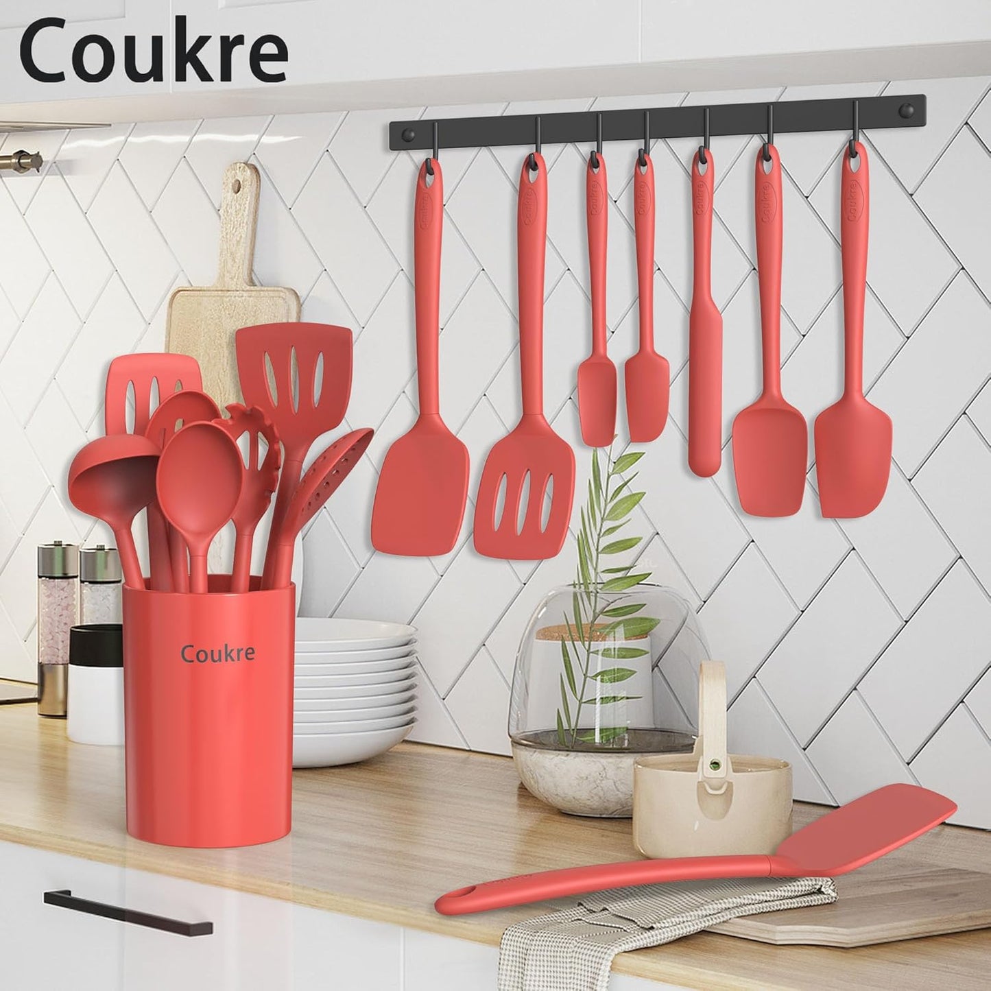 Coukre Silicone Kitchen Cooking Utensils Set with Holder – Heat-Resistant, Food-Grade Kitchen Tools, Spatula, Spoon & Gadgets for Non-Stick Pans, Dishwasher Safe (14, PureBlack)