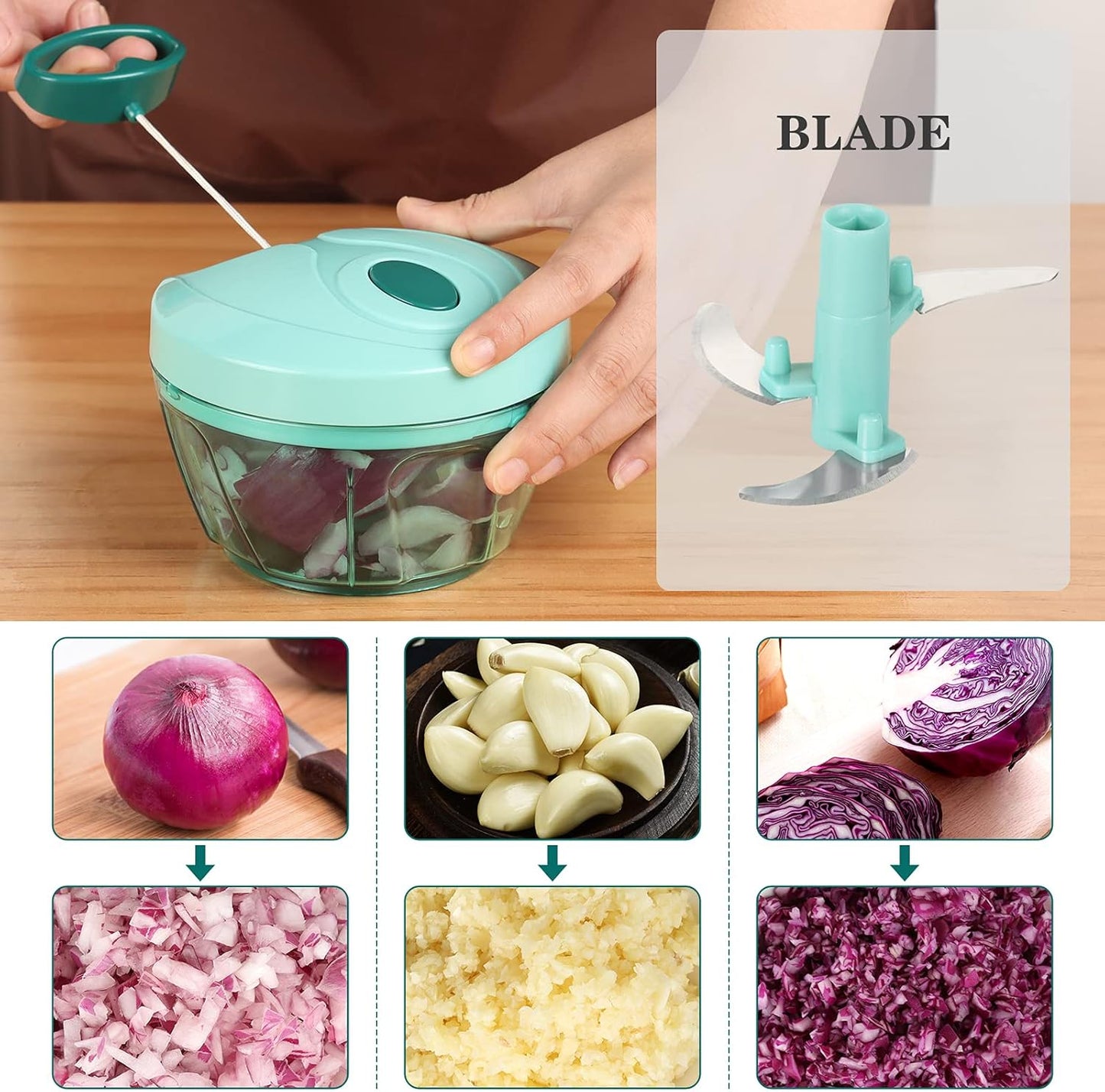 Cambom Manual Food Chopper Vegetable Cutter, Hand String Vegetable Chopper Onions Cutter for Vegetable Fruits Nuts BPA Free Food Safe Material, 900ml Grey