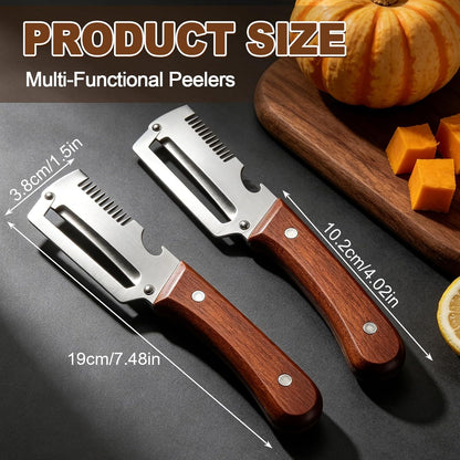 Multifunctional Vegetable Peeler for Kitchen, 3-in-1 Stainless Steel Potato Carrot Peeler with Bottle Opener, Zero Snag Wooden Peeler for Fruits & Veggies (2 PCS)
