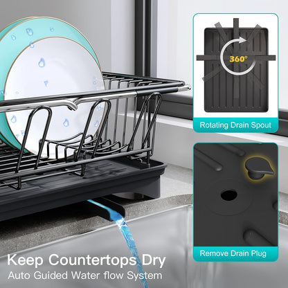 JASIWAY Roll Up Dish Drying Rack, Expandable (12.8"-23.8" D x 12.8" W) Stainless Steel Portable Drainer for Kitchen Sink Counter, Foldable Over The Sink Cover with Removable Utensil Holder