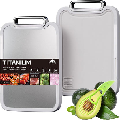 Titanium Cutting Board, 2-in-1 Double Sided Cutting Boards for Kitchen, Pure Titanium & Wheat Straw PP, Metal Chopping Board Easy to Clean for RV/Camping/Kitchen with Avocado Slicer 16"x11"