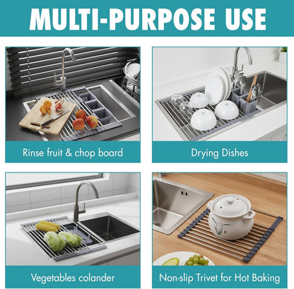 Havenity™ Expandable Roll Up Dish Drying Rack for Small Sinks - Expandable 12.8 to 22.8 Inch Over Sink Rack, Fits Apartments, RVs and Office Kitchens, Stainless Steel, 2 Baskets