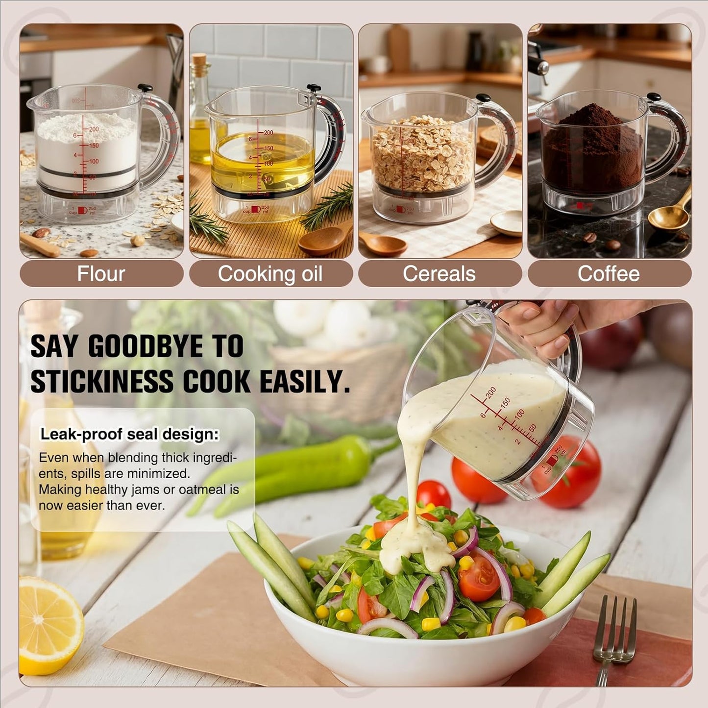 4 In1 Adjustable Measuring Cup Set Multi with Scraper Style Seal Base Adjustable Measuring Spoon Measurement Conversion Chart Space Saving Easy to Clean for Baking Cooking