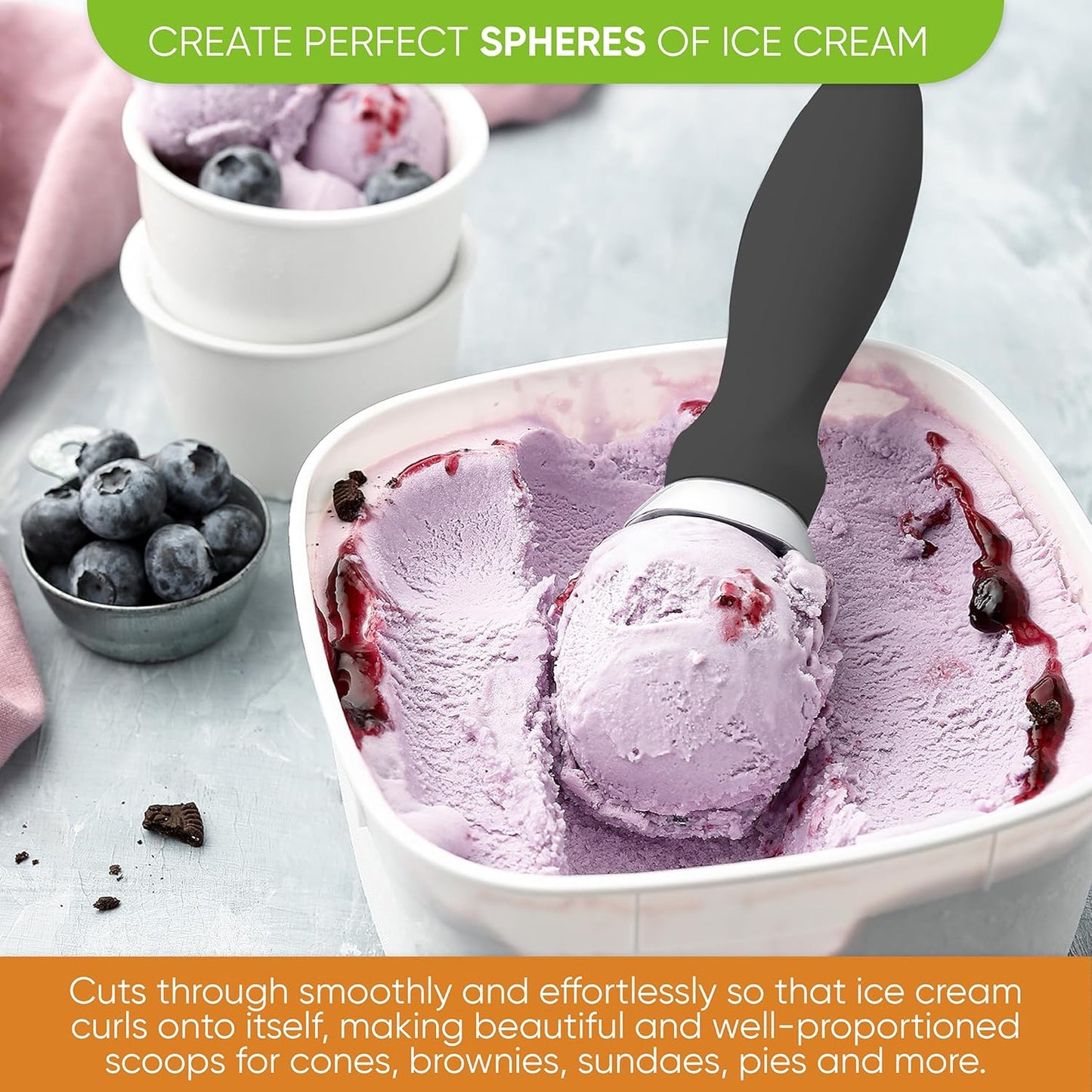 Spring Chef Heavy Duty Ice Cream Scoop with Comfortable Handle - Professional Ice Cream Scooper for Gelato, Sorbet, Cookie Dough, Melon, Frozen Yogurt - Dishwasher Safe Metal Kitchen Tool - Black